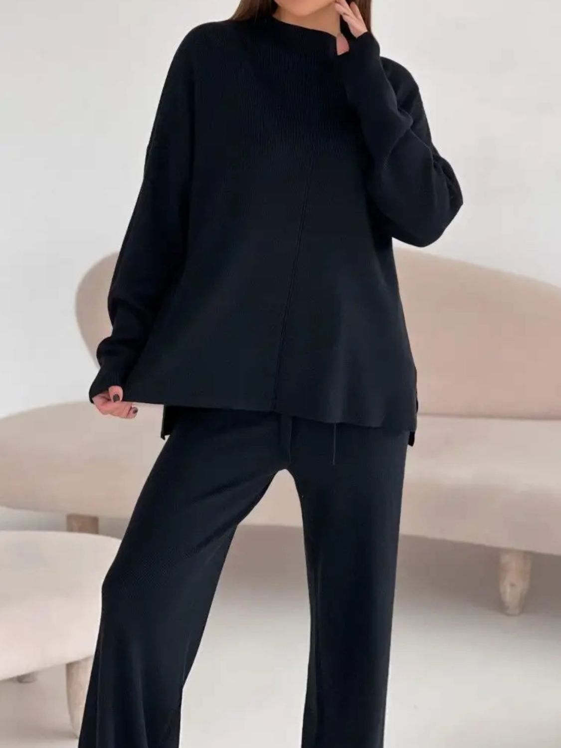 Gabriella Slit Mock Neck Top and Pants Sweater Set | 4 Colors | Poundton