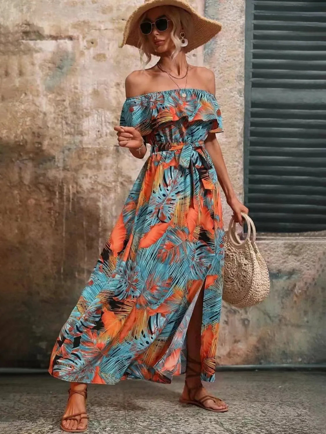 Moonlit Ruffled Printed Off Shoulder Maxi Dress | 4 colors | Poundton Moonlit Ruffled Printed Off Shoulder Maxi Dress | 4 colors | Poundton