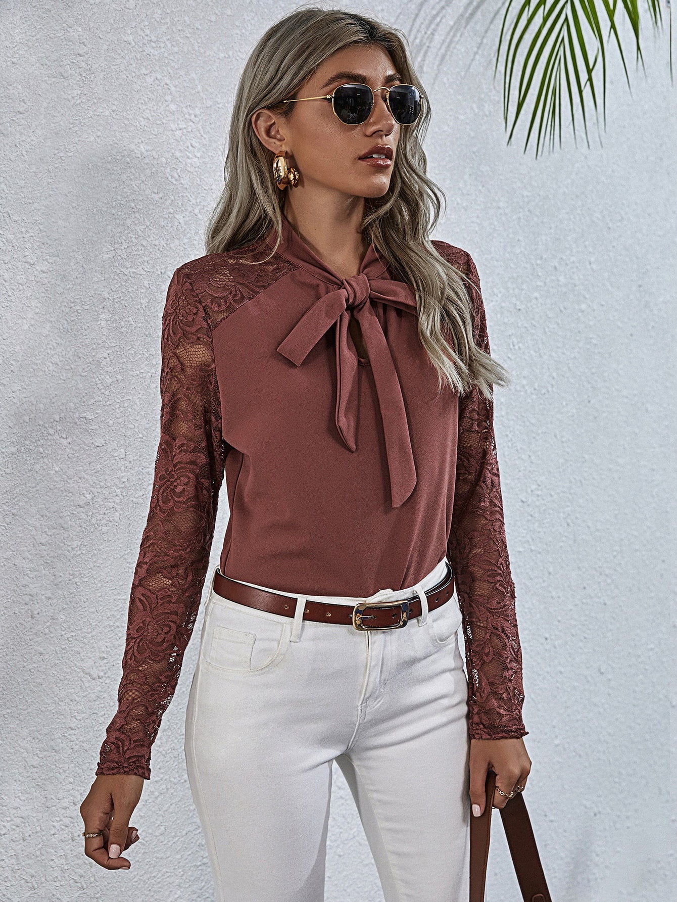 Bow Down Tie Neck Lace Sleeve Top in Black or Mauve