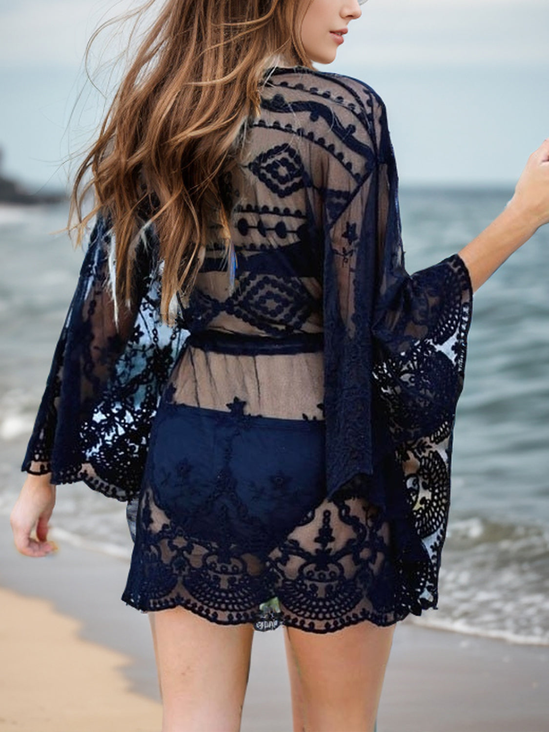 Geometric Lace V-Neck Three-Quarter Sleeve Cover Up