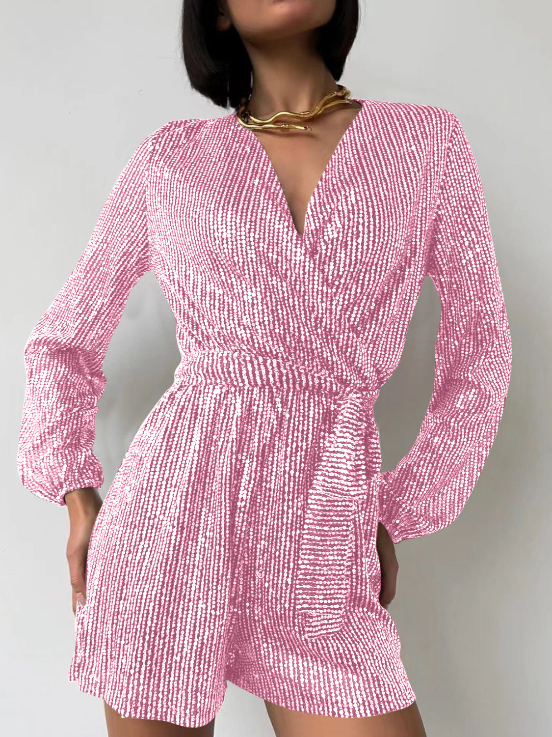 Sequin Surplice Tie Waist Long Sleeve Romper | 7 Colors | Poundton