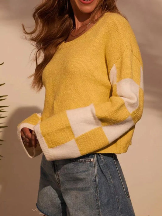 Sideline color block knit sweater in yellow by Pinup Girl Clothing