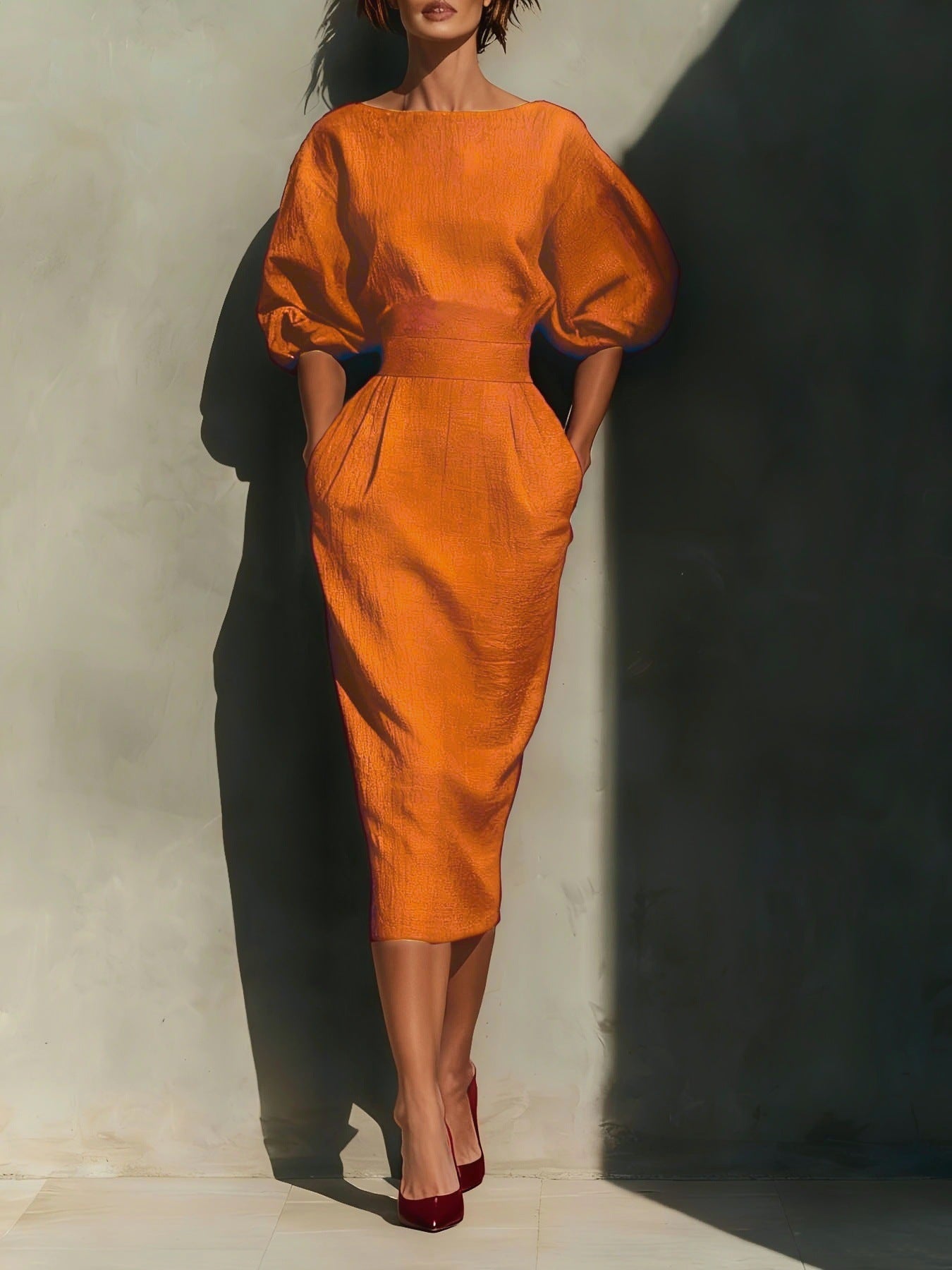 orange dress with puff sleeves Puff-Sleeve Midi Pockets 20250320 Bring the sparkle to This Gucci Dress Is Size:16.5