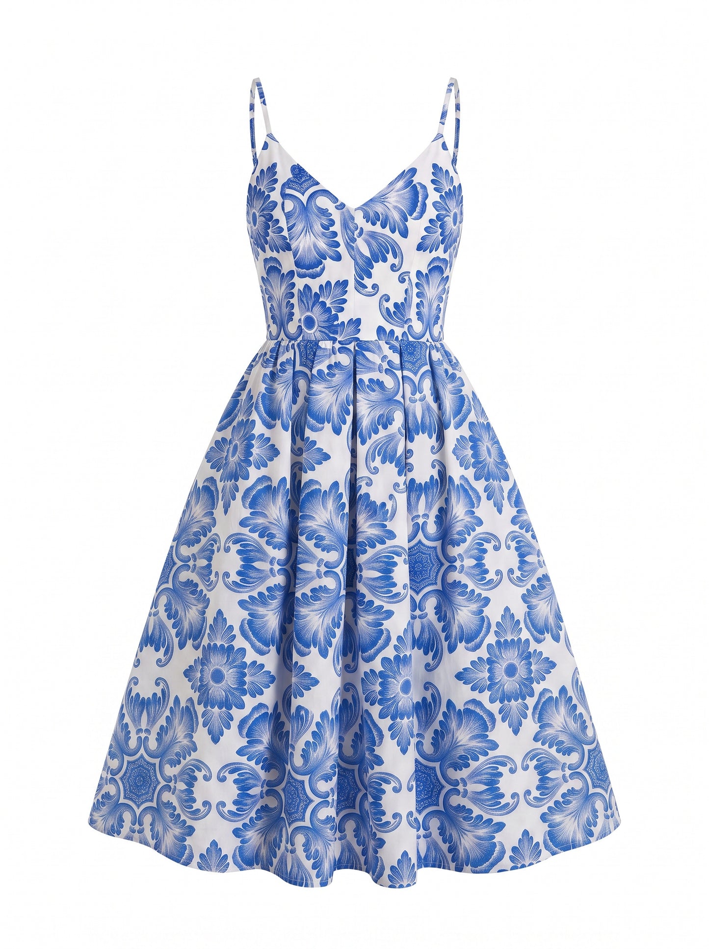 Amalie 70s ballerina swing dress in blue Noto tile print, product shot on a white background