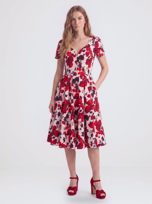 Lilith swing dress in Fiori Dolce, a red and white floral, with eyelash lace and a full skirt, by Pinup Girl Clothing