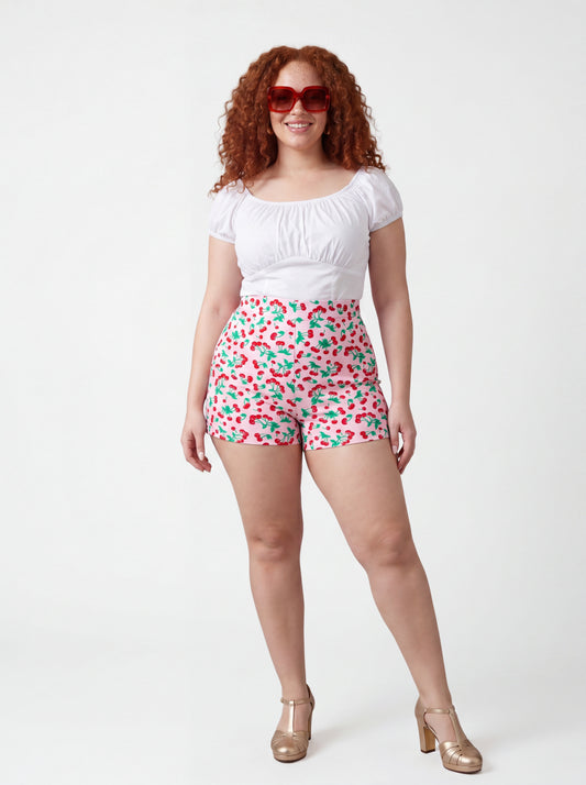 Pinup Girl Clothing LB high-waisted shorts in ivory vintage cherries print with pockets, made to order.