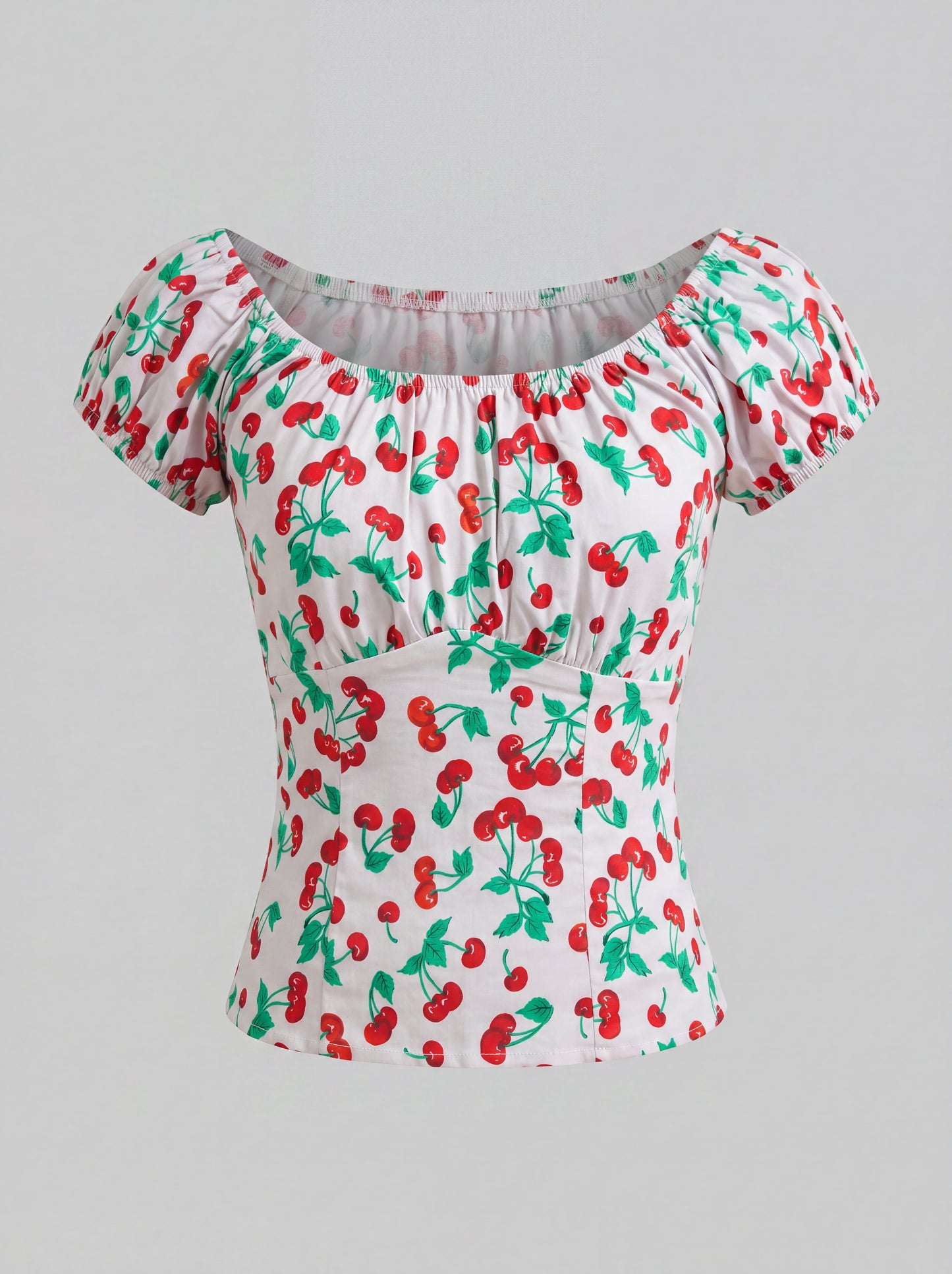 Ivory vintage cherries peasant top, ghost-mannequin view, by Pinup Girl Clothing, sizes XS to 5X.