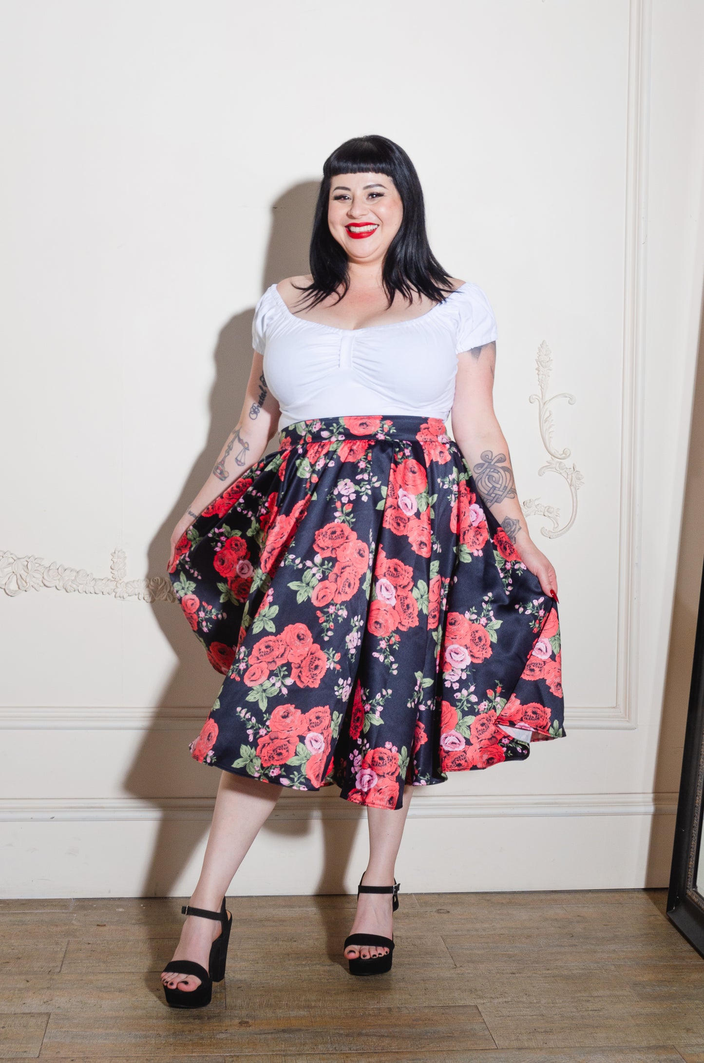 Gathered Circle Skirt in Red Roses Satin | Laura Byrnes Design