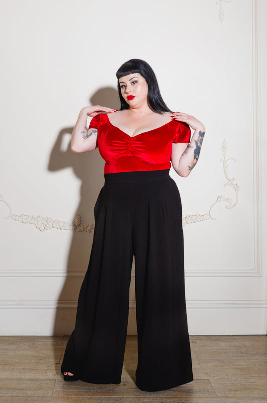 Natalie Short Sleeve Peasant Top in Merlot Stretch Velvet | Pinup Couture