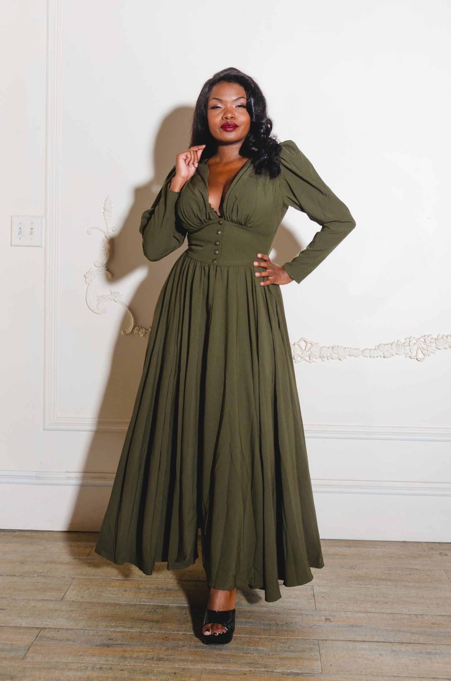 Clarice 40s Vintage Maxi Coat Dress in Olive Green Poly Crepe | Laura Byrnes Design
