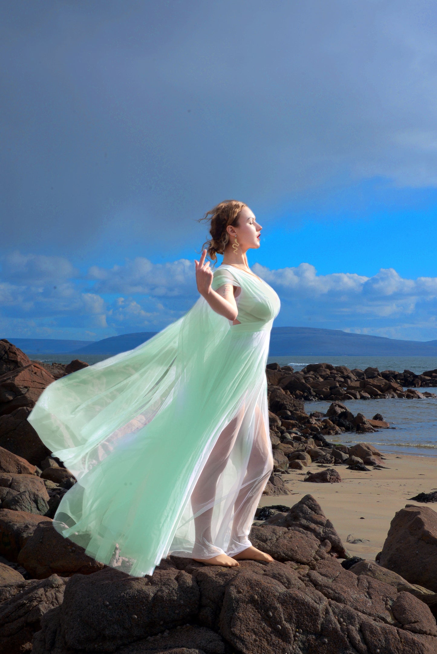 Bombshell Plunge Maxi Gown in Aqua Mint with Sheer Mesh Sleeves | Gothic Glamour