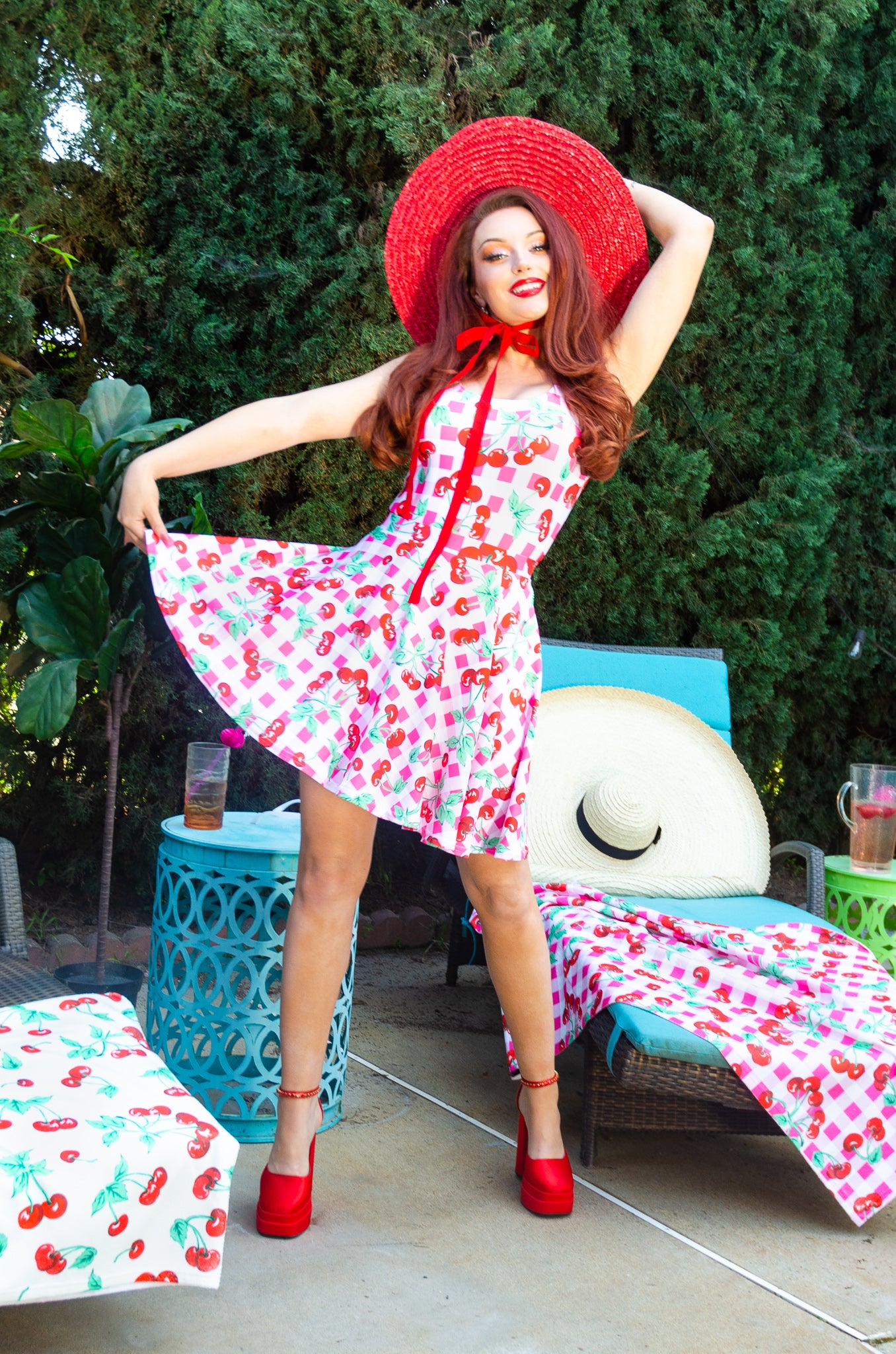 Frenchie Beach Coverup Swim Skater Skirt in Pink Gingham Cherry Girl | Pinup Couture Swim