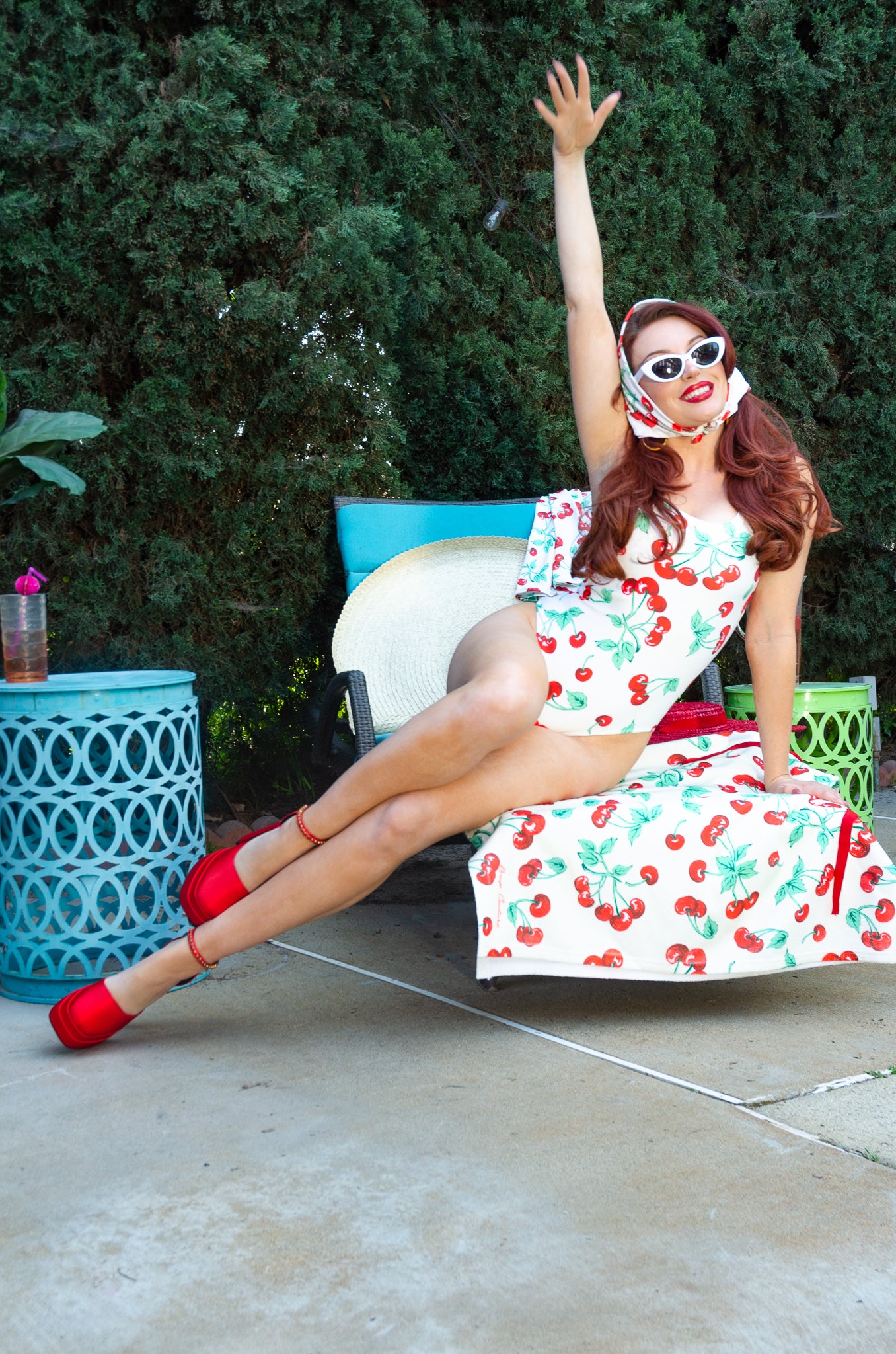 Rory Antique Ivory Cherry Girl One-Piece Swimsuit Pinup Couture Swim