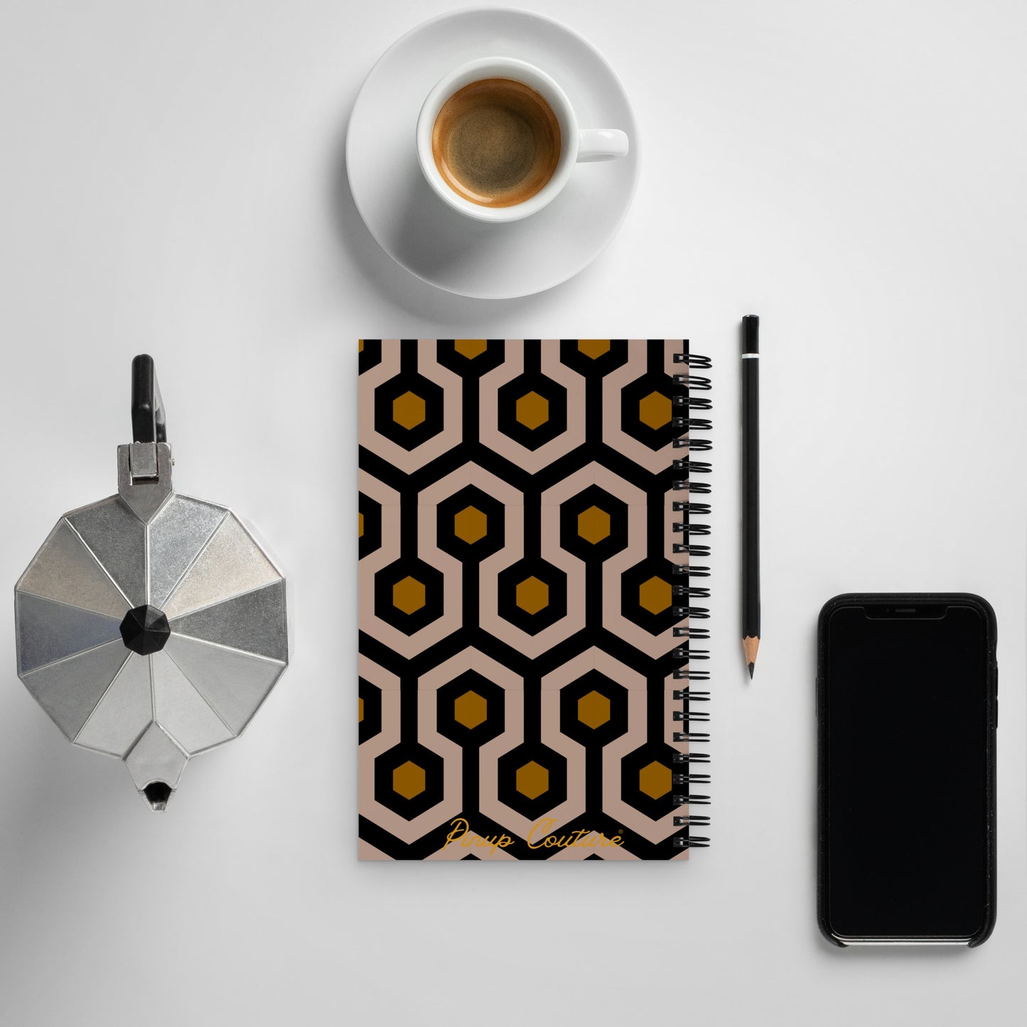 8.5"x5.5" Spiral notebook with Dotted Pages in Brown Hexagon Print | Pinup Couture Home