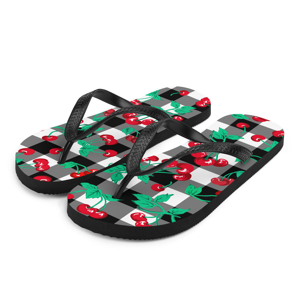 Amie Thong Flip-Flop Beach Sandals in Cherry Girl Black Gingham | Pinup Couture Swim