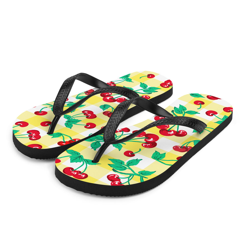 Amie Thong Flip-Flop Beach Sandals in Yellow Gingham Cherry Girl | Pinup Couture Relaxed
