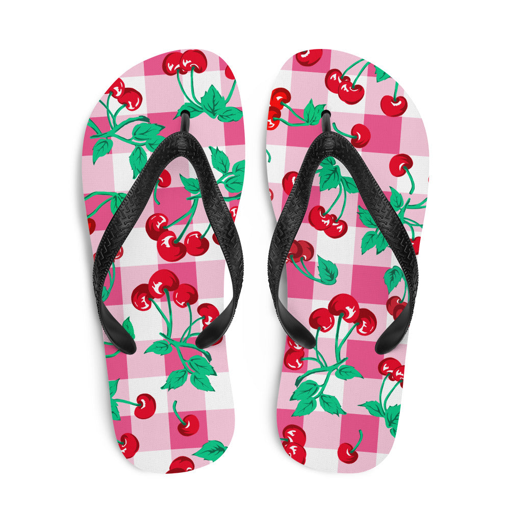 Amie Thong Flip-Flop Beach Sandals in Pink Gingham Cherry Girl | Pinup Couture Relaxed