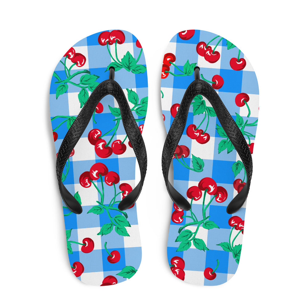 Amie Thong Flip-Flop Beach Sandals in Cherry Girl Blue Gingham | Pinup Couture Relaxed