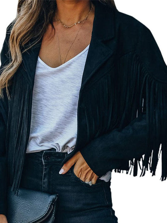 Rodeo fringe cropped suede jacket in black by Pinup Girl Clothing