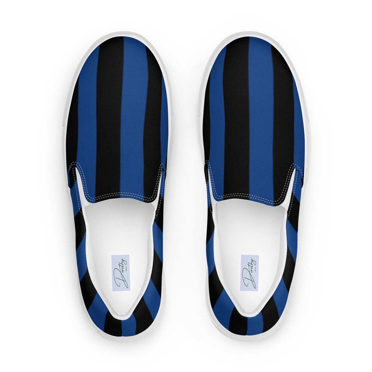 Nevermore Blue & Black Mark Stripe Women’s Canvas Slip-On Flat Deck Shoe | Dorothy Shoes