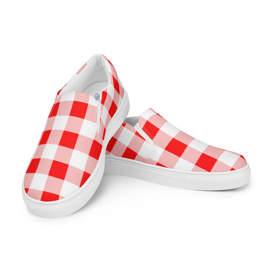 Cherry Red Vintage Gingham Women’s Canvas Slip-On Flat Deck Shoe | Dorothy Shoes
