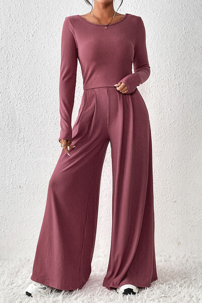 Concordia Lounge Set - Round Neck Top and Ribbed Knit Wide-Leg Pants | 3 Colors