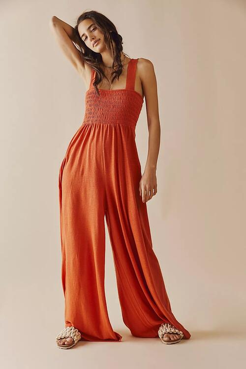 Zola Smocked Wide Strap Palazzo Jumpsuit | Mustard or Coral | Poundton
