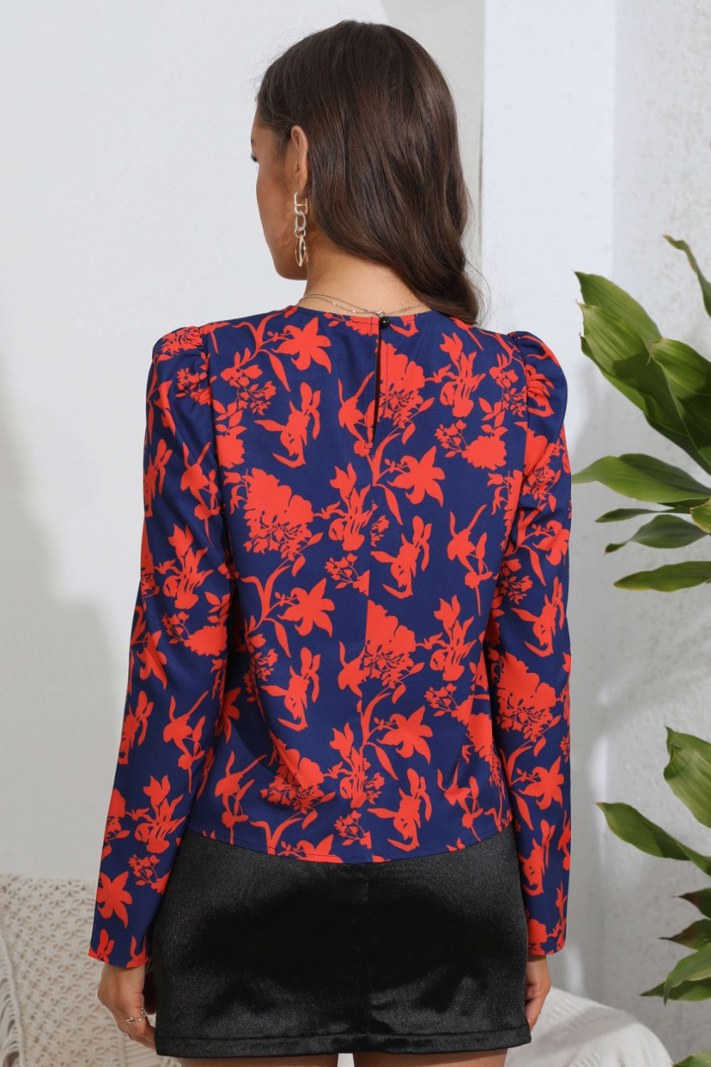 Von Fleur Floral 80's Graphic Red & Navy Floral Long Sleeve Blouse