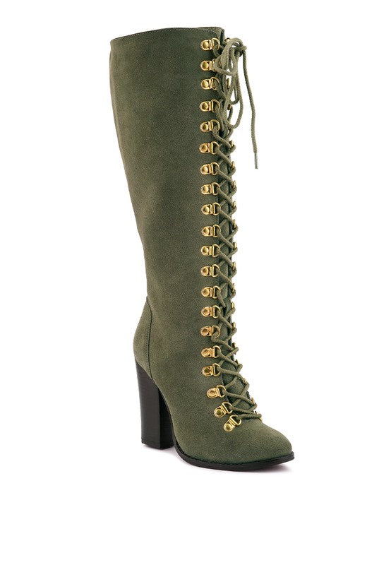 Gaetana Block Heel Calf-High Lace Up Suede Boots in Olive, Black or Red