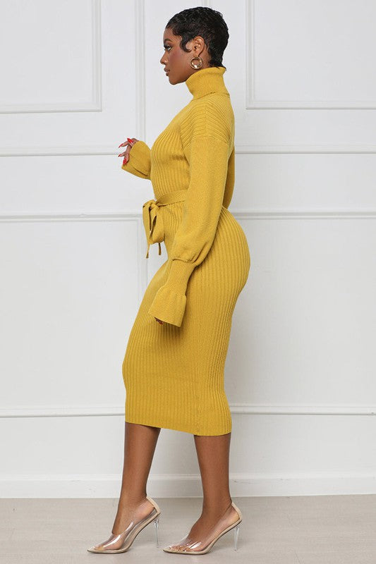 Carole Bodycon Turtleneck Midi Sweater Dress in Solid Mustard | Claude