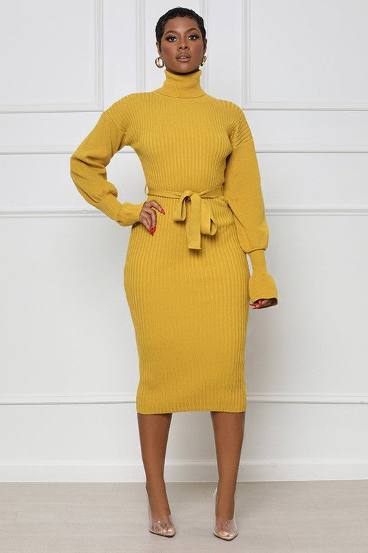 Carole Bodycon Turtleneck Midi Sweater Dress in Solid Mustard | Claude
