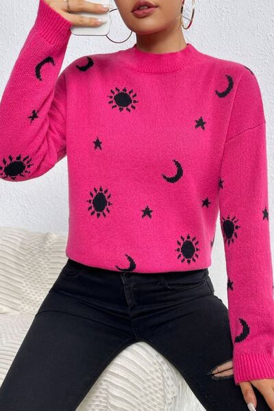 Katrina Graphic Mock Neck Dropped Shoulder Sweater | 3 Colors