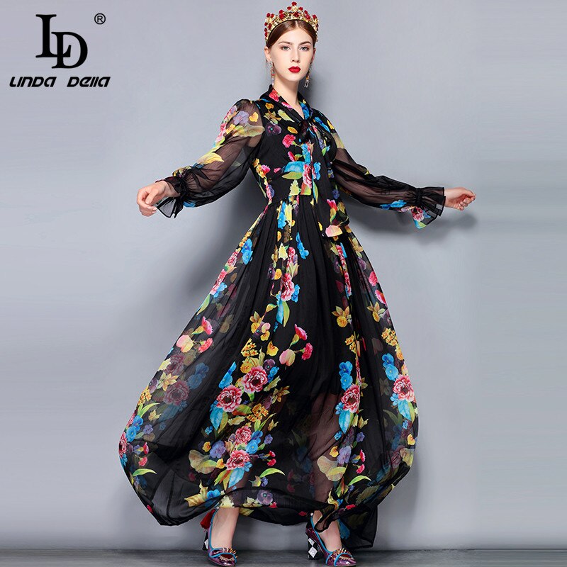Ophelia Black Vintage Floral Print Chiffon Royalcore Long Sleeve Maxi Dress | Linda Della