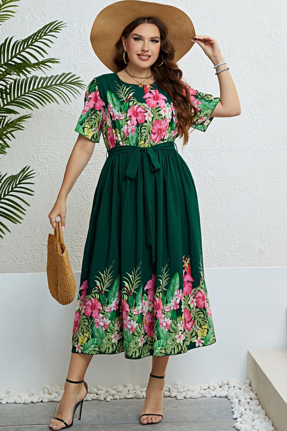 Floral Delight Tie-Waist Dress in Green | Pinup Girl Clothing Floral / 1x Floral Delight Tie-Waist Dress in Green | Pinup Girl Clothing Floral / 1x