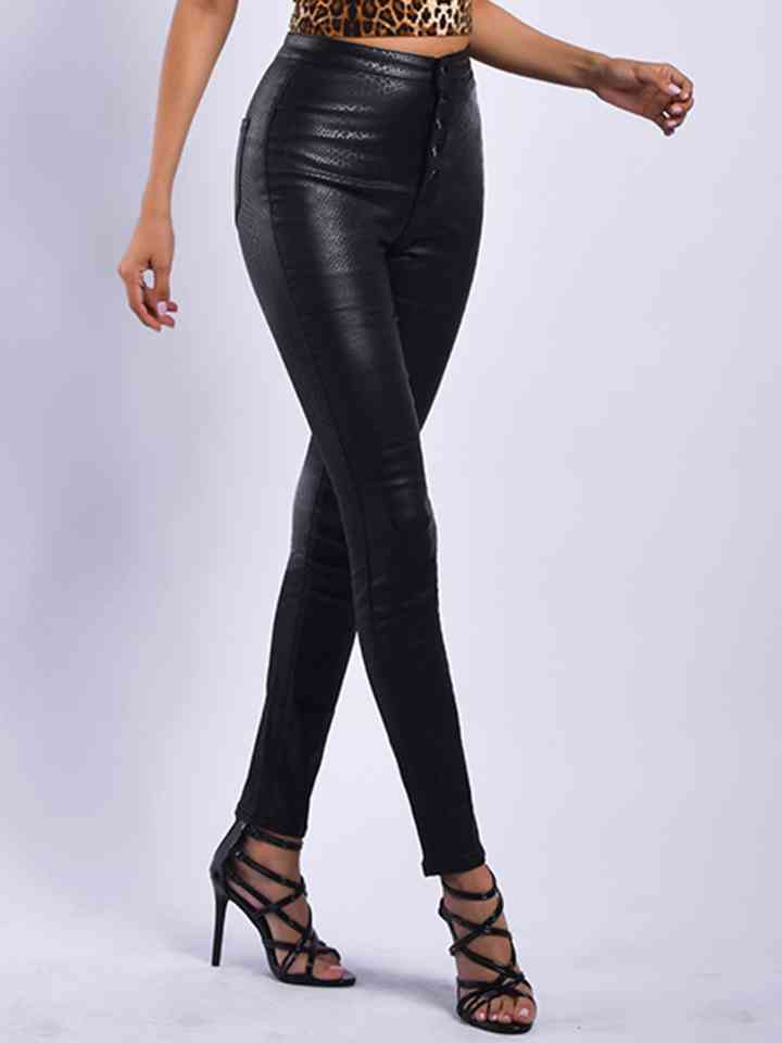 Snake Charmer High Waist Stretch Pants in Vibrant Black Faux Leather | Poundton
