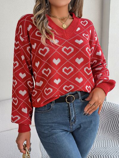 Mabel Heart Pattern V-Neck Long Sleeve Graphic Sweater | 3 Colors | Poundton
