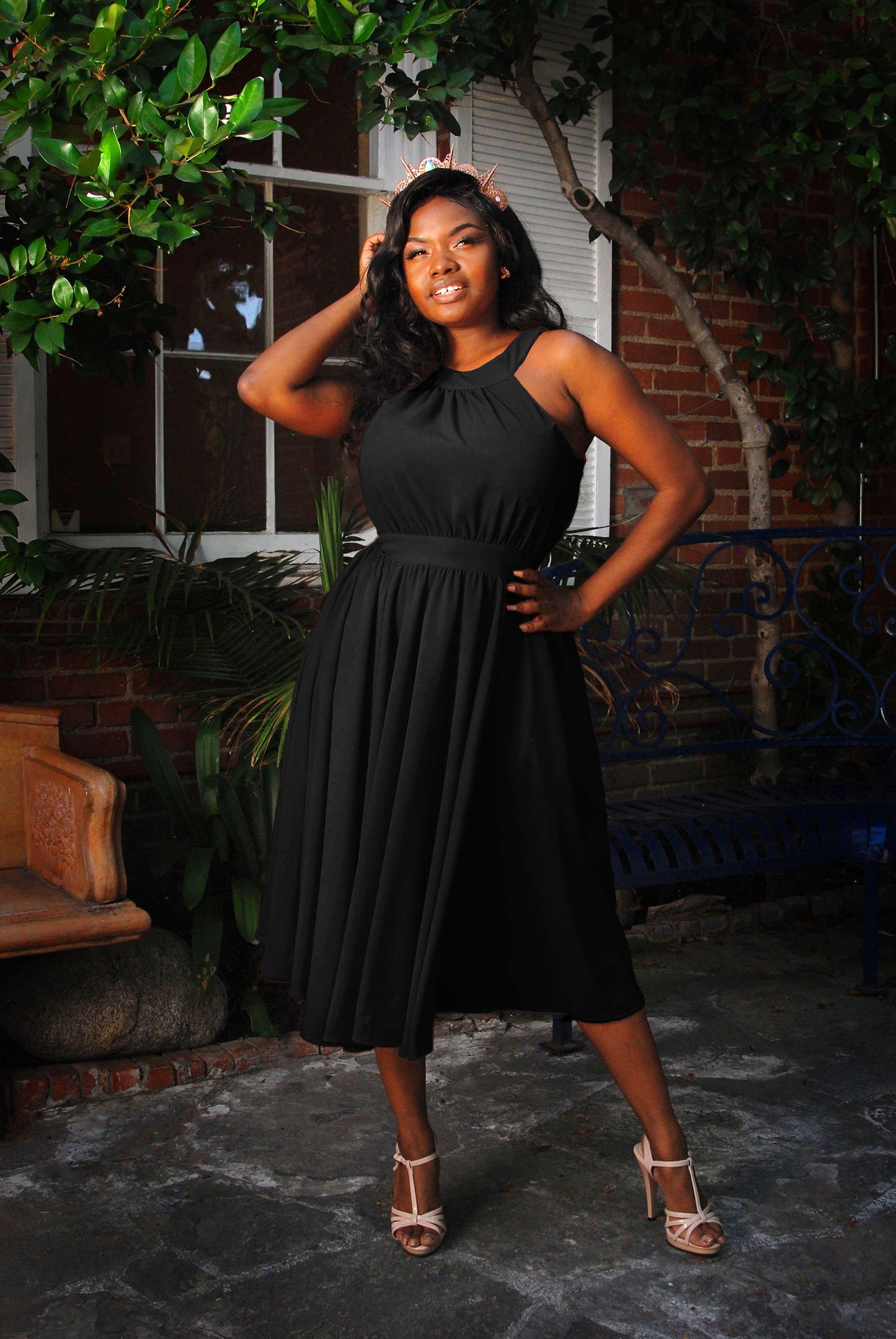 Maybelle Gathered Swing Dress in Solid Black | Laura Byrnes - pinupgirlclothing.com