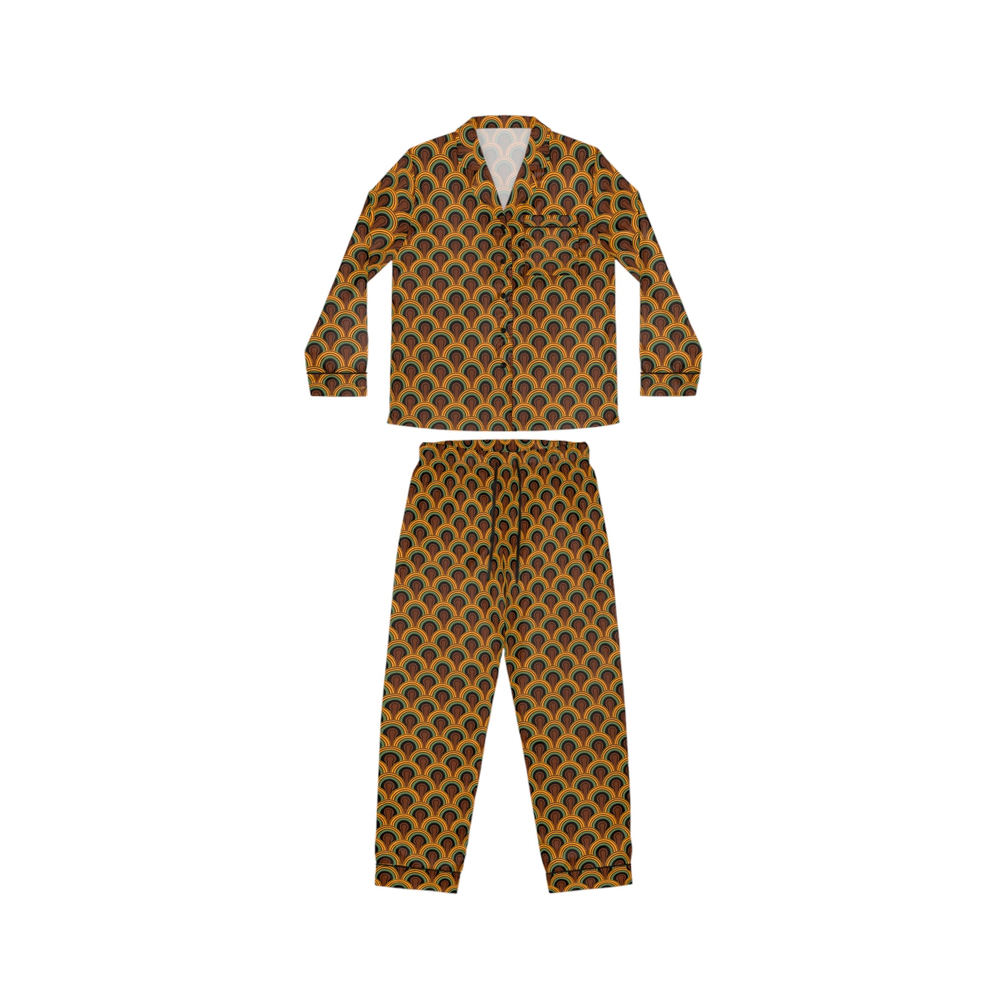 Printify Pajama Game in Room 237 Print Satin 2 Piece Button Up PJ Set | Pinup Couture Relaxed 3XL/4XL / Orange
