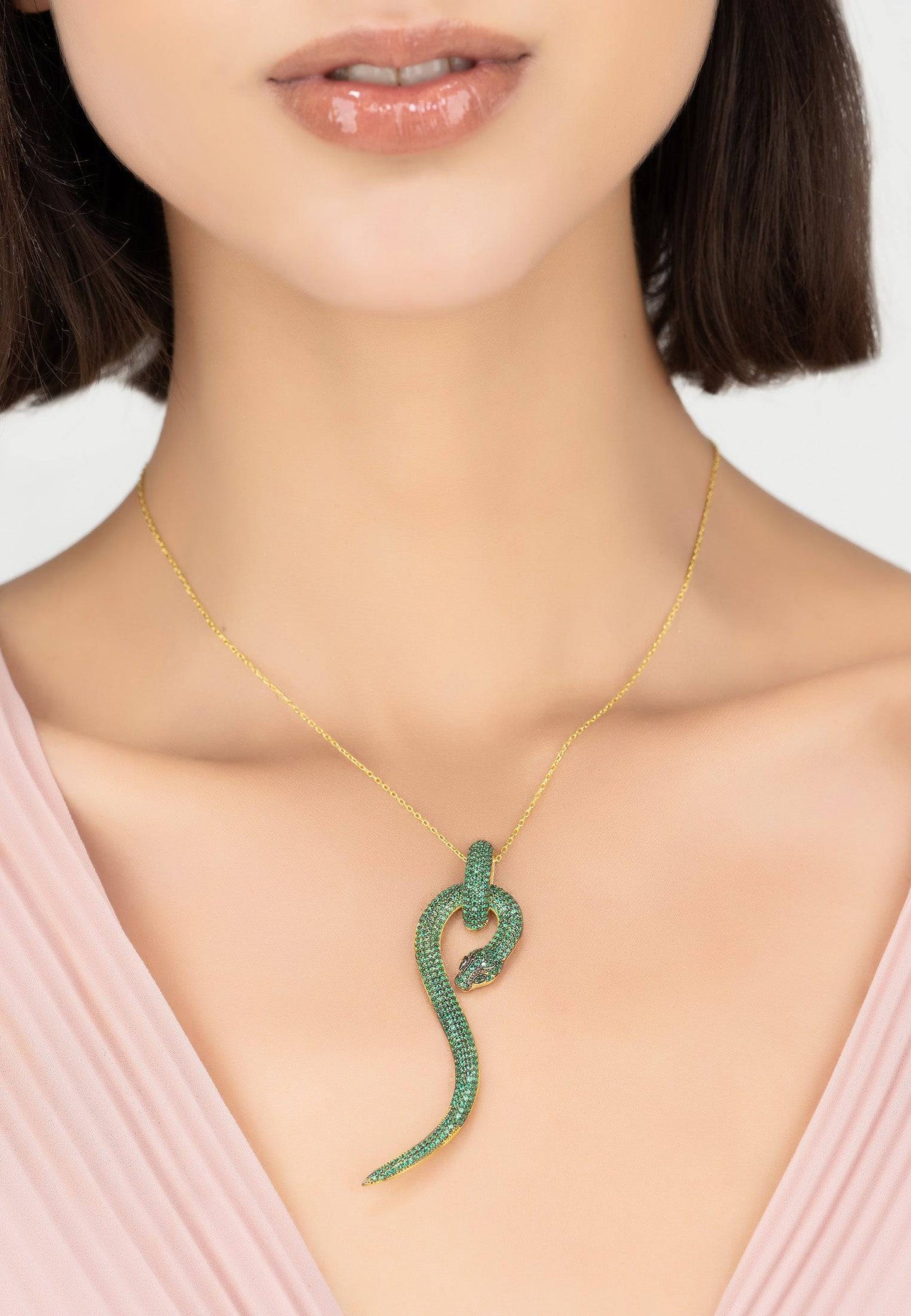 Emerald Zircon Anaconda Yellow Gold Pendant Necklace | Latelita