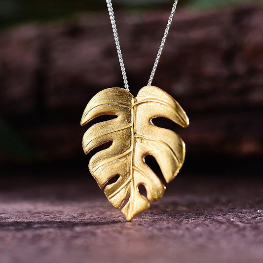 Sterling Silver or 18K Gold Monstera Leaves Tropical Design Pendant Necklace | Lotus Fun