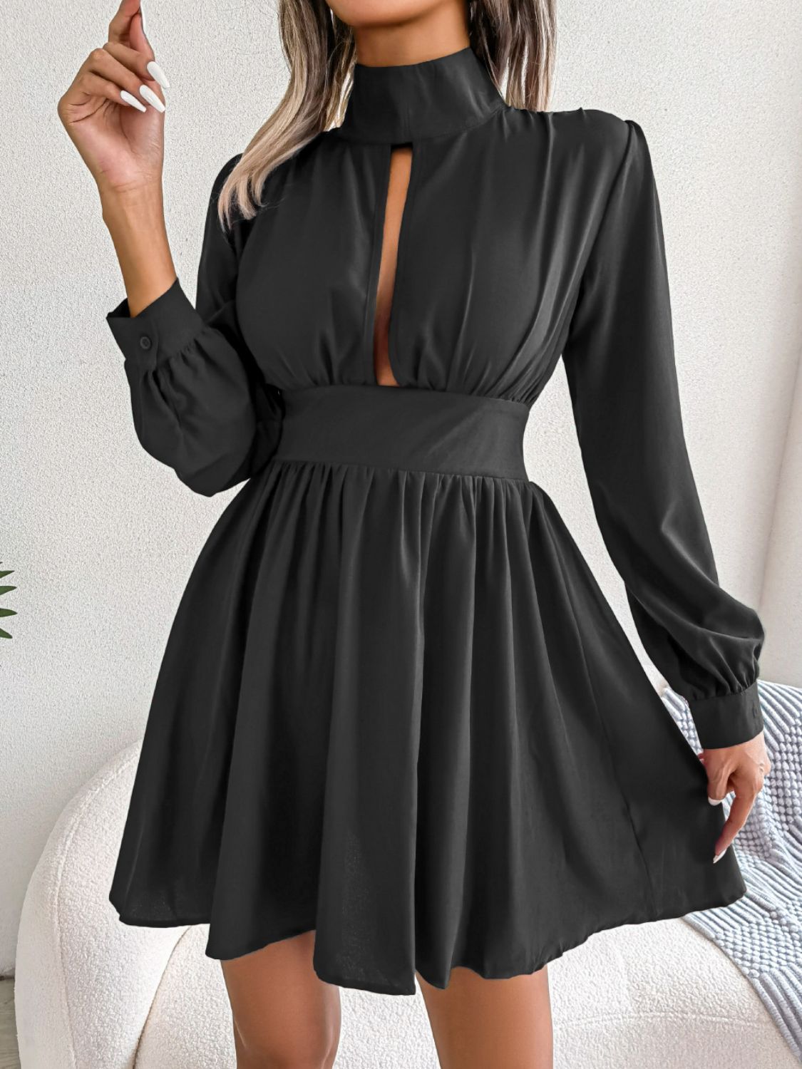 Jennifer Cutout Turtleneck A-Line Mini Dress | 3 Colors | Pinup Girl Clothing Black / XL Jennifer Cutout Turtleneck A-Line Mini Dress | 3 Colors | Pinup Girl Clothing Black / XL