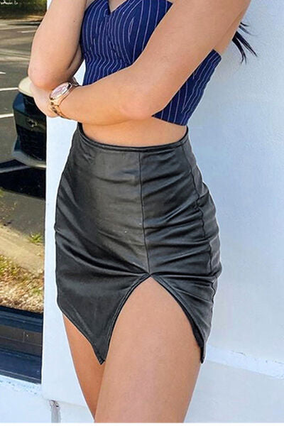 Stefanì 90's Slit Mini Skirt in Black Faux Stretch Leather | Poundton