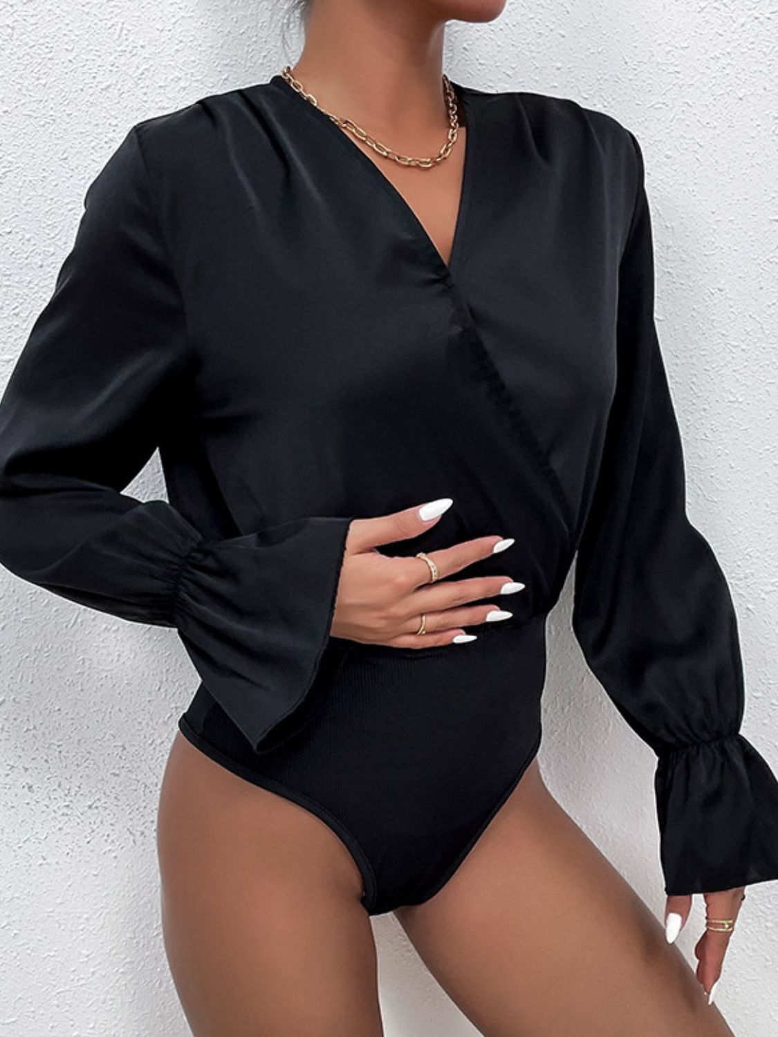 V-Neck Flounce Sleeve Bodysuit Blouse in Solid Black