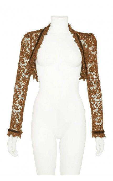 Pictured is Pinup Girl Clothing model Grace Gordon in the Gothic Glamour stretch lace bolero in latte coffee brown with all-lace body fringe and three-dimensional eyelash lace at the neckline and cuffs, high neckline, and black stretch velvet trim.