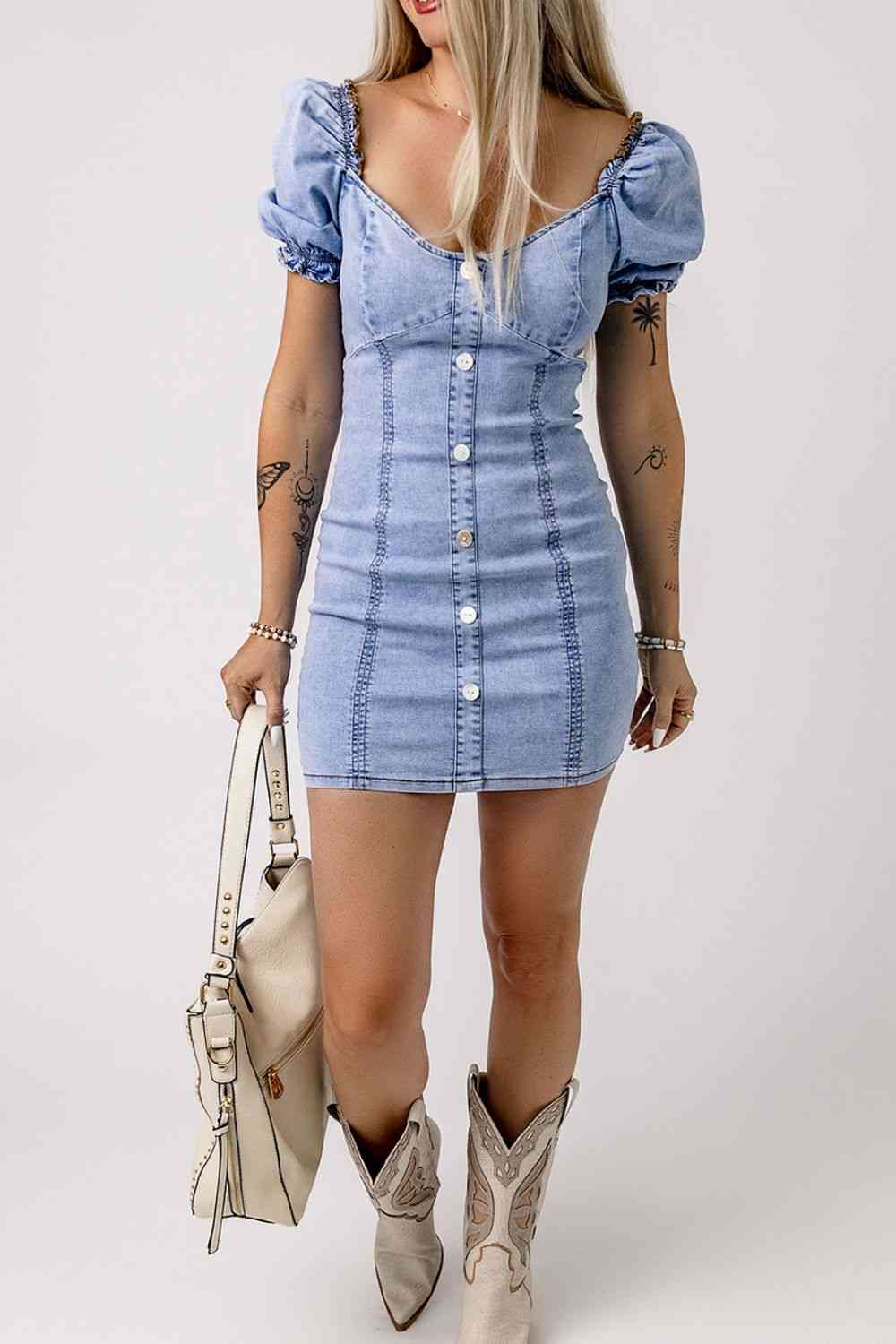 Britney Betch Puff Sleeve Button Front Denim Mini Dress