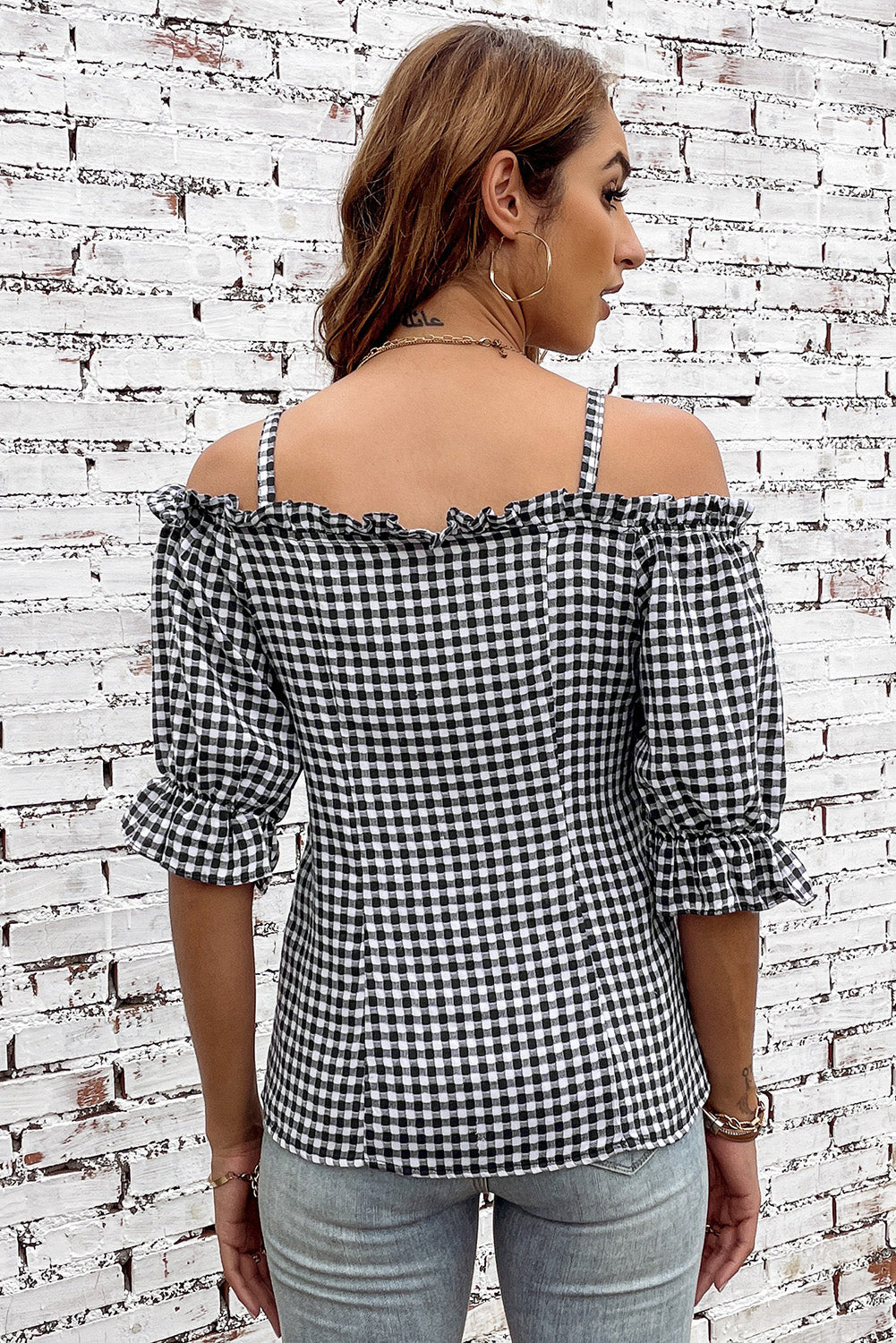 Be Mine Button Down Peasant Top in Black & White Gingham | Poundton