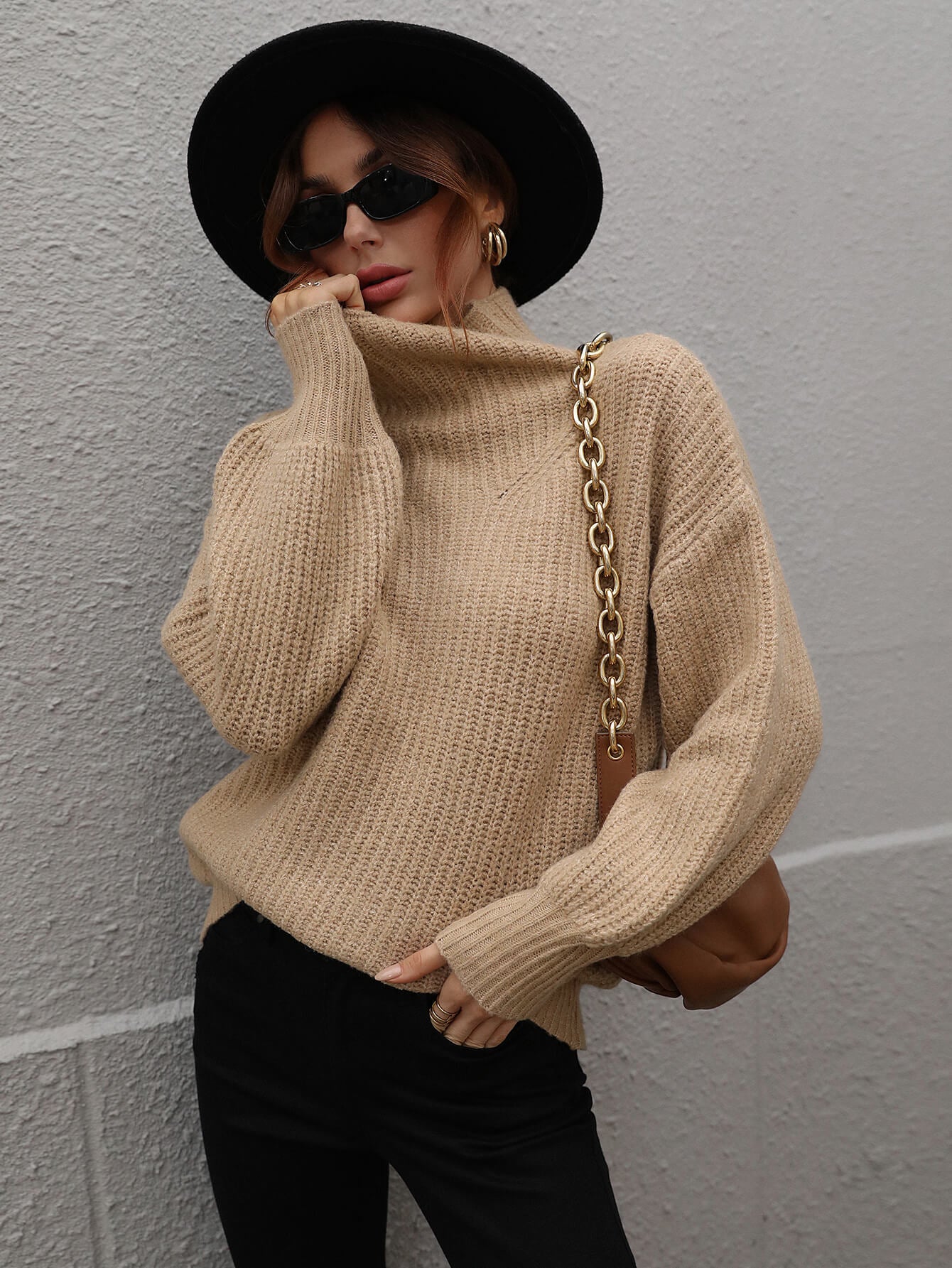 In The Thick Of It Rib-Knit Pullover Sweater in Tan, Black, White, Cre
