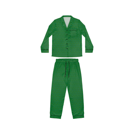 Pajama Game in Green Hotel Hexagon Satin 2 Piece Button Up PJ Set | Pinup Couture Relaxed