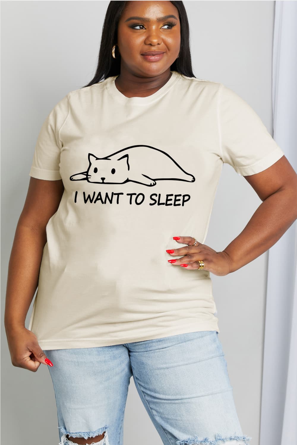 I Want To Sleep Sleeping Cat Graphic Cotton Tee in Black or Ivory | Simply Love