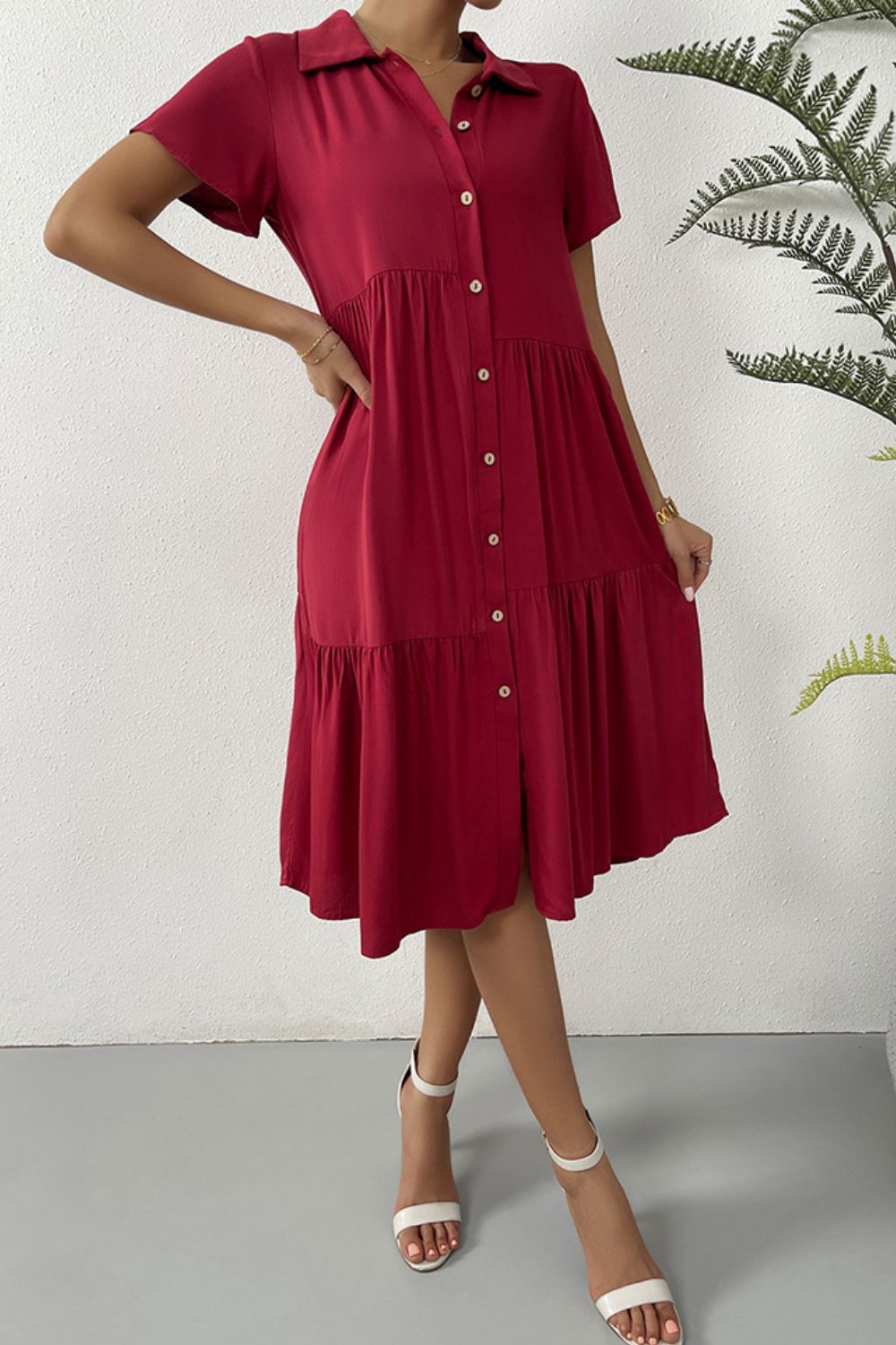 Roman Holiday Short Sleeve Button-Down Shirt Dress in Solid Wine